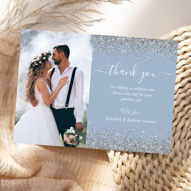 Custom Photo Dusty Blue Silver Glitter Wedding Thank You Card | Zazzle