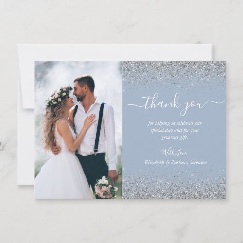 Custom Photo Dusty Blue Silver Glitter Wedding Thank You Card