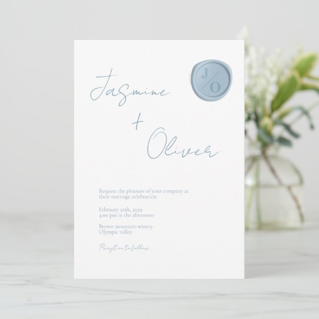 custom photo dusty blue wax seal summer wedding invitation (Standing Front)
