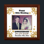 Custom Photo Elegant "50th Wedding Anniversary"   Gift Box<br><div class="desc">Personalize this cute, elegant gold glitter "Happy 50th Wedding Anniversary" Large Size Golden Oak Wooden Jewelry Keepsake Box design. You can easily change or remove the photo, the names and the text as needed. You can also change the font model, font color and font size if you want. Click -->"Personalize"...</div>