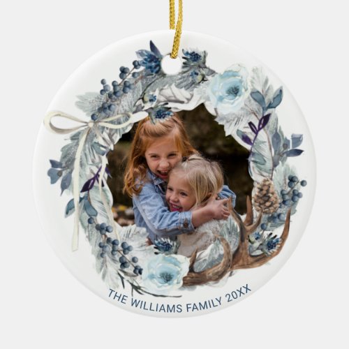 Custom Photo Elegant Blue White Holiday Wreath Ceramic Ornament