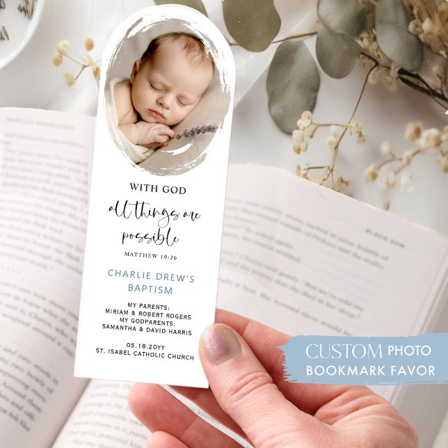 Custom Photo, Elegant Boy Baptism Keepsake / Favor Bookmarks (Creator Uploaded)