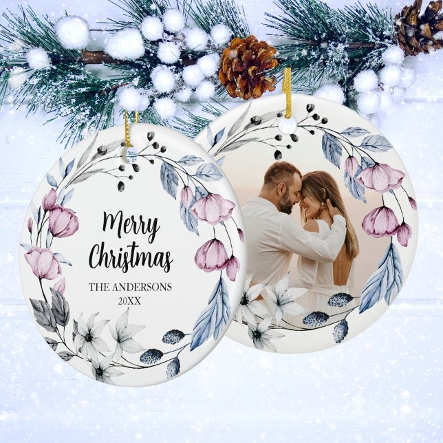 Custom Photo Elegant Floral Christmas Ceramic Ornament (Creator Uploaded)