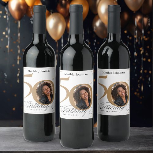 Custom Photo Elegant Gold 50th Birthday Party Wine Label