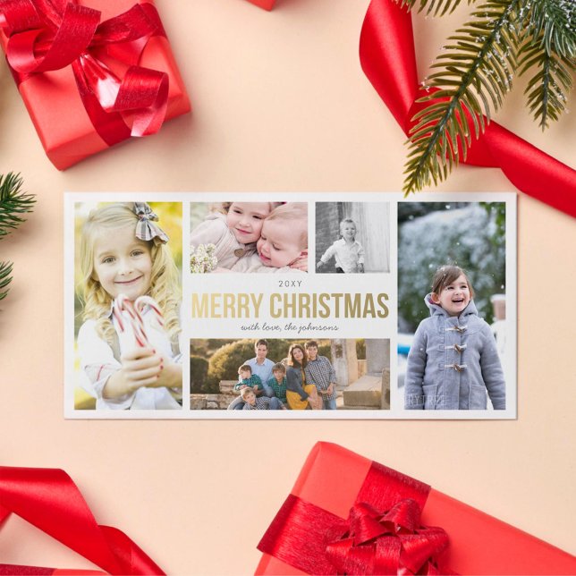 Custom Photo Elegant Gold 5 Collage Photocard Holiday Card (Creator Uploaded)