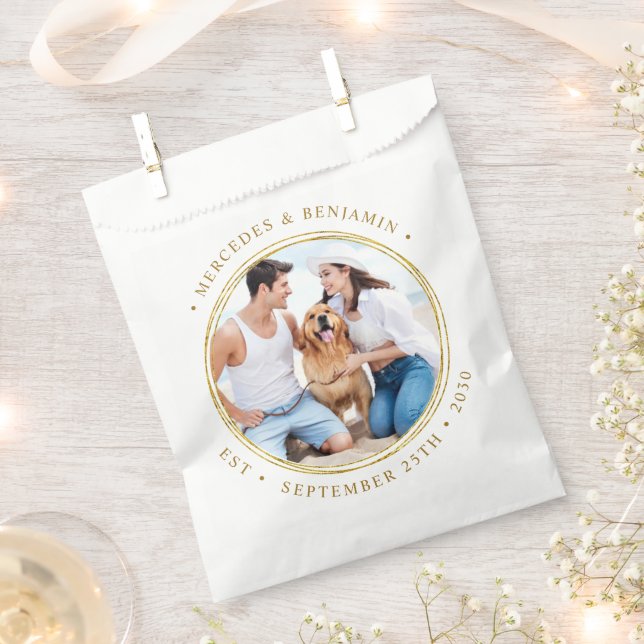 Custom Photo Elegant Gold Personalized Wedding  Favor Bag (Clipped)