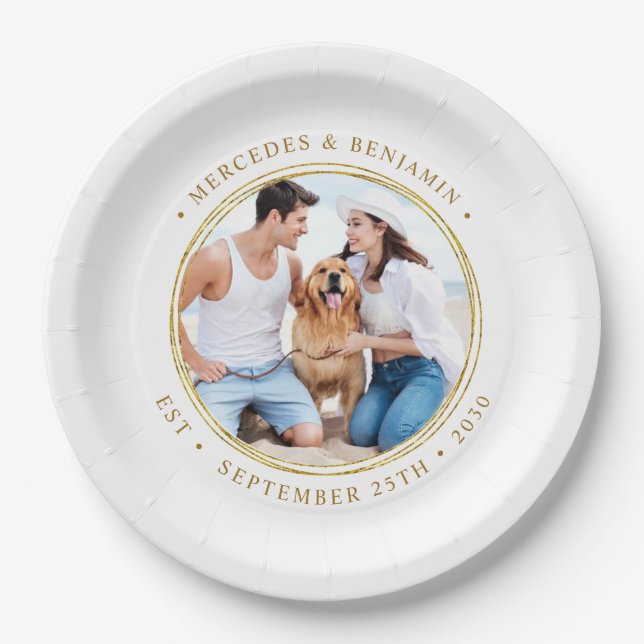 Custom Photo Elegant Gold Personalized Wedding Paper Plates (Front)