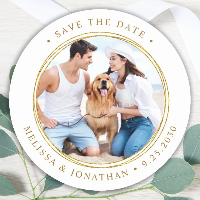 Custom Photo Elegant Gold Wedding Save The Date Classic Round Sticker (Creator Uploaded)