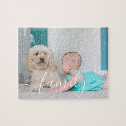 Custom Photo Elegant Hand Lettered Family Script Jigsaw Puzzle