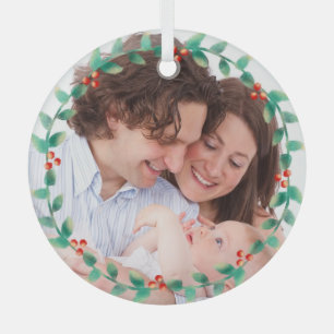 Custom Photo Elegant Holly Wreath Glass Ornament