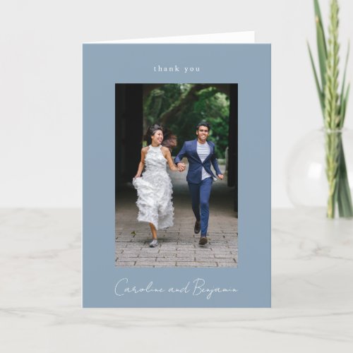 Custom Photo Elegant Minimalist Wedding Dusty Blue Thank You Card