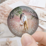 Custom Photo Elegant Modern Typography Wedding Classic Round Sticker<br><div class="desc">Add a personalized finishing touch to your special day celebration with these round custom photo stickers. (IMAGE PLACEMENT TIP: An easy way to center a photo exactly how you want is to crop it before uploading to the Zazzle website.) Design features chic modern typography text in a circle and picture...</div>