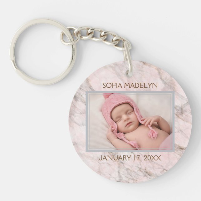 Custom Photo Elegant Pink Gray Marble Pattern Keychain (Front)