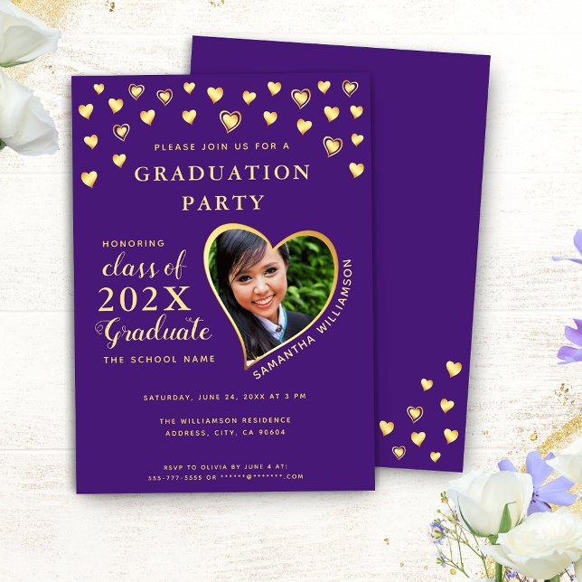 Custom Photo Elegant Purple and Gold Graduation Invitation (Creator Uploaded)