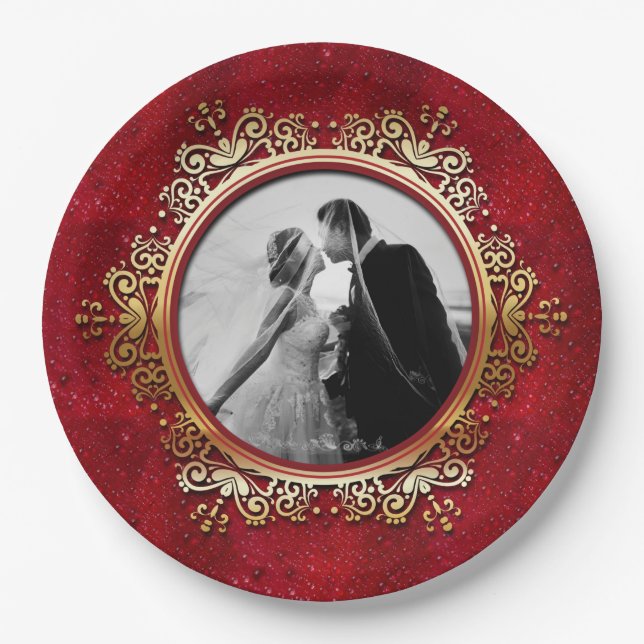 Custom Photo Elegant Red Gold Rose Drops Paper Plates (Front)