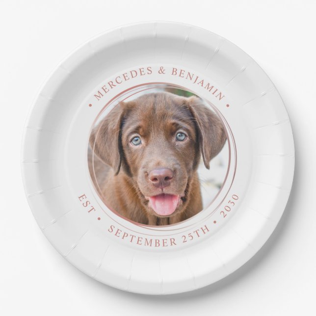 Custom Photo Elegant Rose Gold Personalize Wedding Paper Plates (Front)