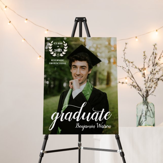 Custom Photo Elegant Script Grad Party Foam Board (In Situ (Stand))