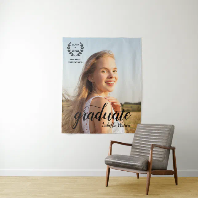 Custom Photo Elegant Script Grad Party Tapestry | Zazzle