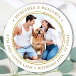 Custom Photo Elegant Wedding Gold Return Address Classic Round Sticker<br><div class="desc">Add the finishing touch to your wedding invitations with these custom photo, and personalized address labels. Customize with your favorite photo, names, and address. These simple address labels can be used for any and all occasions. COPYRIGHT © 2020 Judy Burrows, Black Dog Art - All Rights Reserved. Custom Photo Elegant...</div>