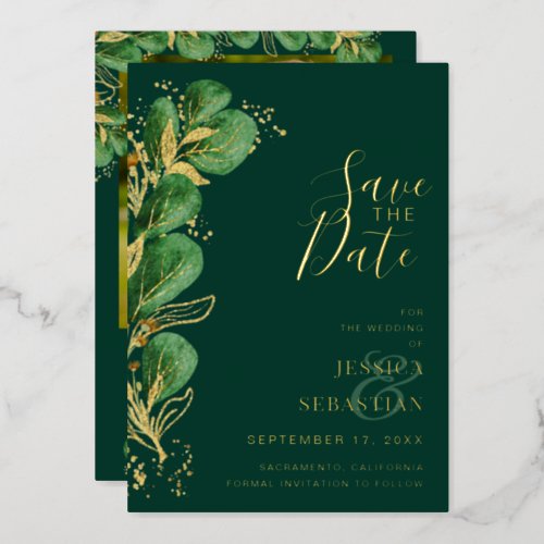 Custom Photo Emerald Green  Gold Eucalyptus Foil Invitation