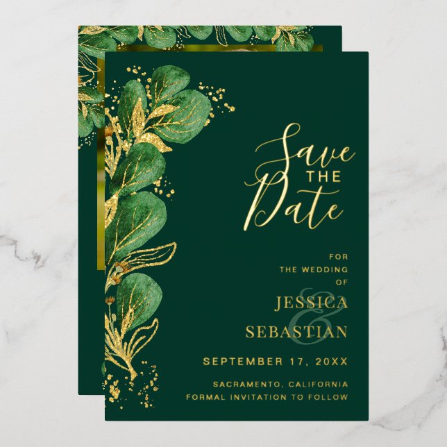 Custom Photo Emerald Green & Gold Eucalyptus Foil Invitation (Front/Back)