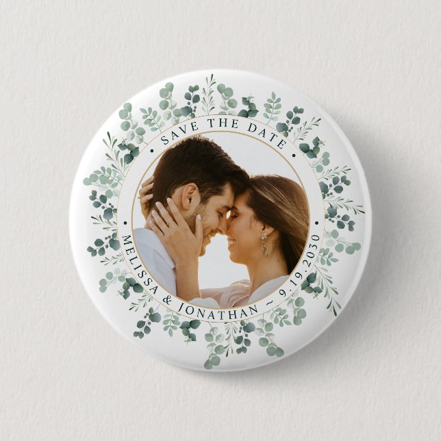 Custom Photo Eucalyptus Wedding Save The Date Button (Front)