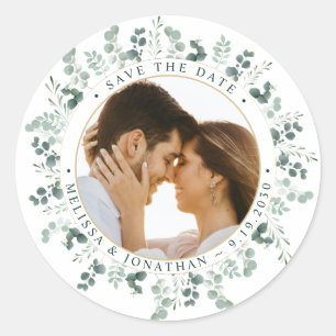 Custom Photo Eucalyptus Wedding Save The Date Classic Round Sticker
