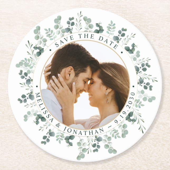 Custom Photo Eucalyptus Wedding Save The Date Round Paper Coaster (Front)