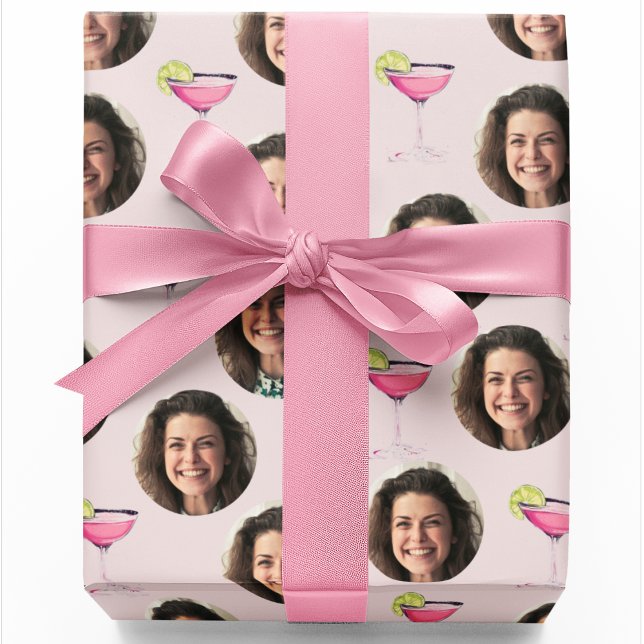 Custom Photo Face & Cocktail | Personalized Pink  Wrapping Paper (Creator Uploaded)
