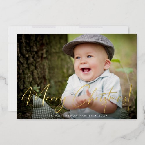 Custom Photo family Merry Christmas Script Gold Foil Holiday Card