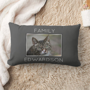 Custom photo family monogram name gray lumbar pillow