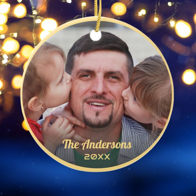 Custom Photo Family Name Gold Frame Elegant Script Ceramic Ornament (Creator Uploaded)