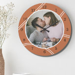 Custom Photo Family Name  Large Clock<br><div class="desc">This modern wall clock is decorated with a geometric pattern in terracotta and white.
Easily customizable with your photo and name.</div>