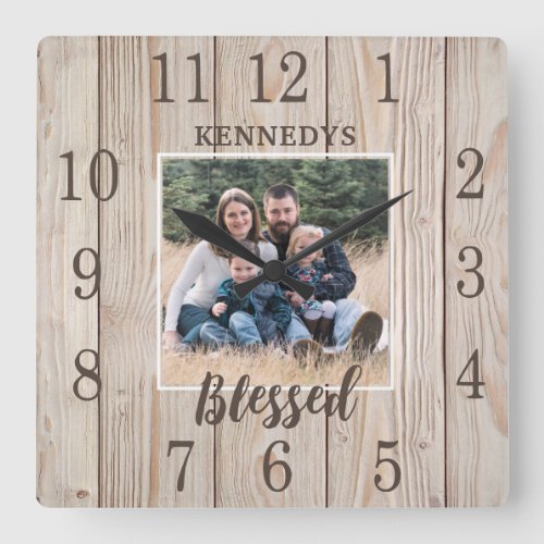 Custom Photo Family Name Rustic Wood Farmhouse  Square Wall Clock