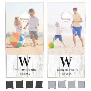 Custom photo family rustic white wood monogram cornhole set