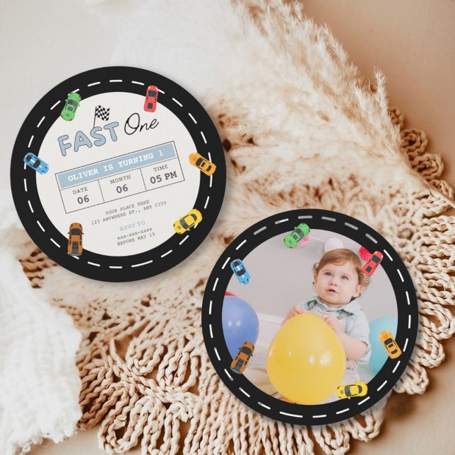 Custom photo, Fast one race car boy 1st birthday Invitation (Creator Uploaded)