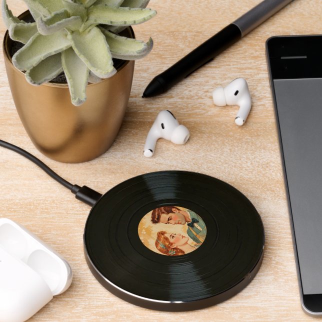 Custom Photo Faux Classic Retro Vinyl Record Wireless Charger (Desk 2)