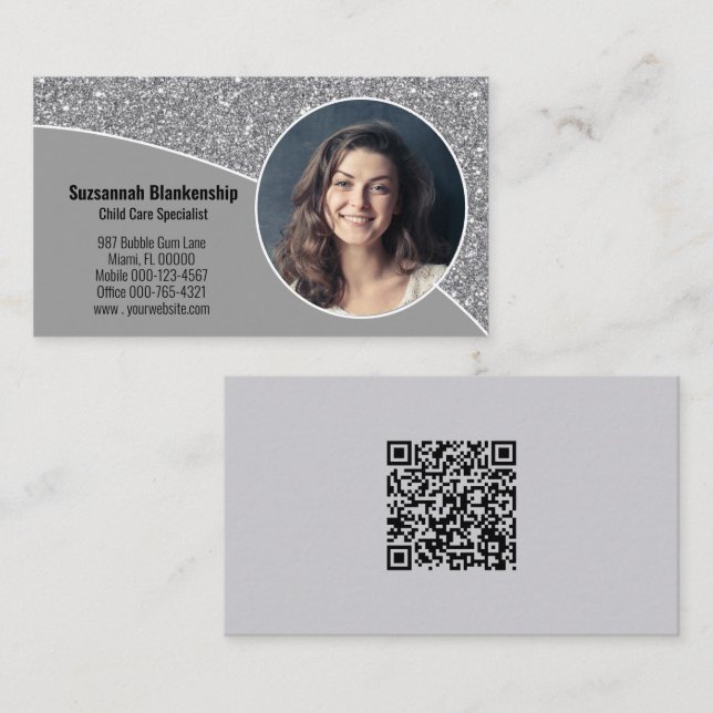 Custom Photo Faux Silver Glitter QR Code on Back Business Card (Front/Back)