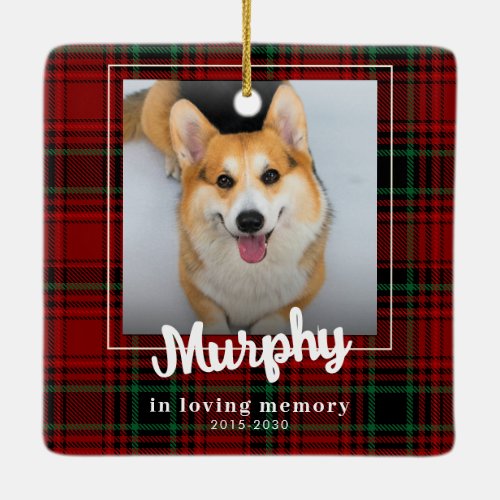 Custom Photo Festive Red Plaid Dog Memorial Ceramic Ornament