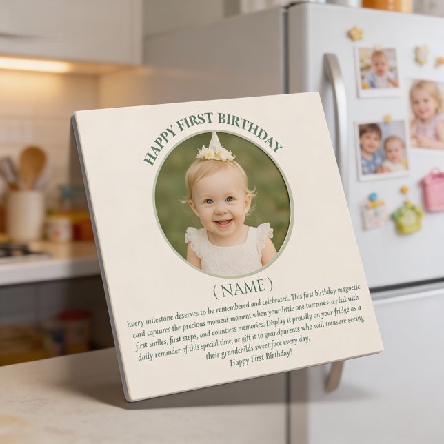Custom Photo First Birthday Sage Green Thin Magnet (Creator Uploaded)