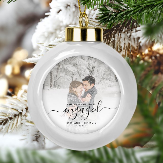 Custom Photo First Christmas Engaged Black Script Ceramic Ball Christmas Ornament (Creator Uploaded)