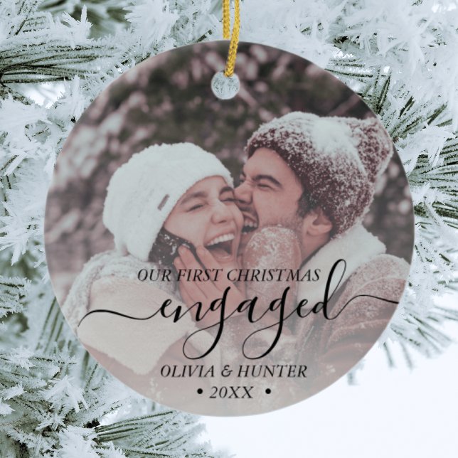 Custom Photo First Christmas Engaged Black Script Ceramic Ornament (Creator Uploaded)