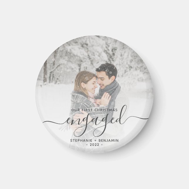 Custom Photo First Christmas Engaged Gray Script Magnet (Front)