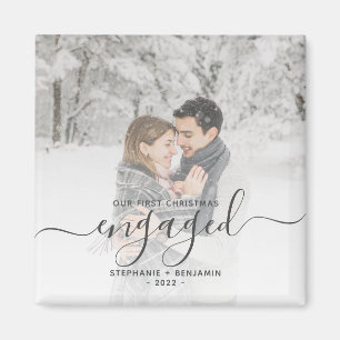 Custom Photo First Christmas Engaged Gray Script Magnet