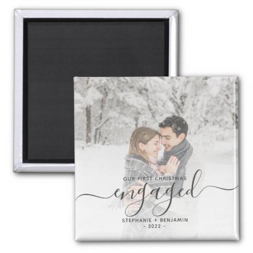 Custom Photo First Christmas Engaged Gray Script Magnet