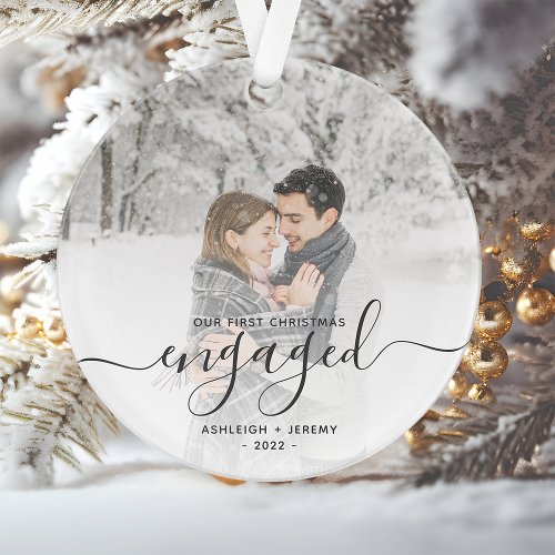 Custom Photo First Christmas Engaged Gray Script Ornament