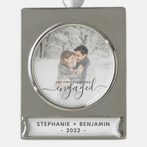 Custom Photo First Christmas Engaged Gray Script Silver Plated Banner Ornament
