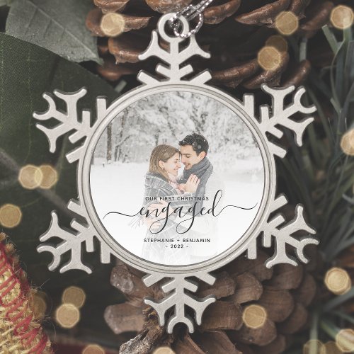 Custom Photo First Christmas Engaged Gray Script Snowflake Pewter Christmas Ornament