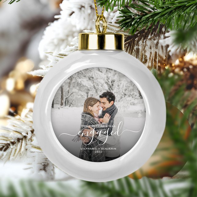 Custom Photo First Christmas Engaged White Script Ceramic Ball Christmas Ornament (Creator Uploaded)