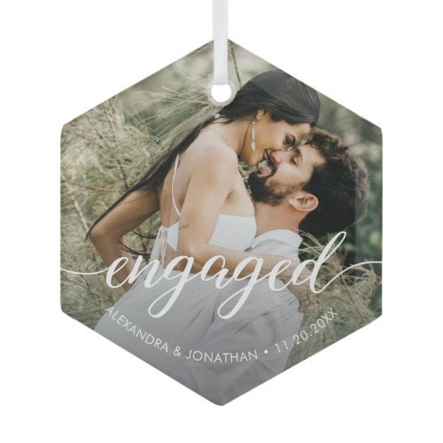 Custom Photo First Christmas Engaged White Script Glass Ornament